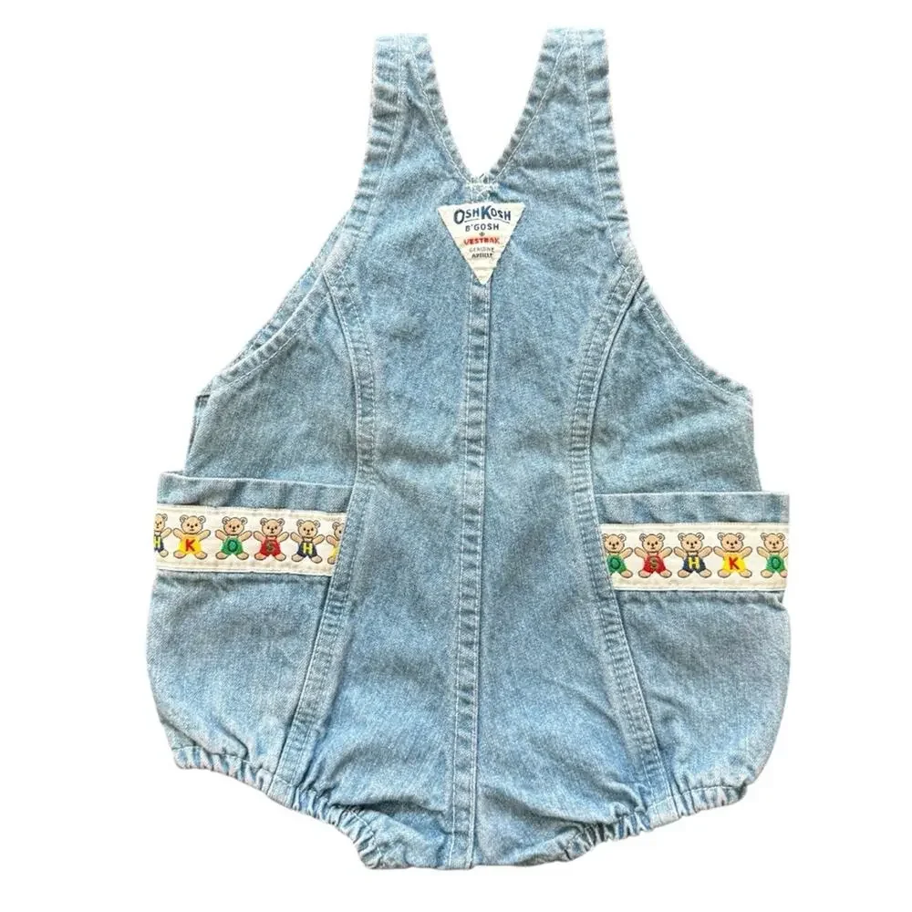 Vintage OshKosh B'Gosh Vestbak Denim Bubble Romper Teddy Bear Trim Size 12 M
